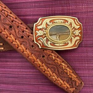 Leather Tooled Aztec Belt w Agate Cabochon Buckle Vintage